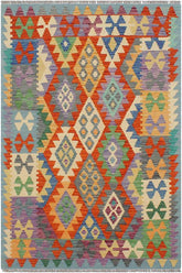 Flat Weave Kilim Antique Navaho Vintage handmade Geometric Kilim Rust Blue Hand-Woven Rectangle 100% Wool Area Rug 3x5